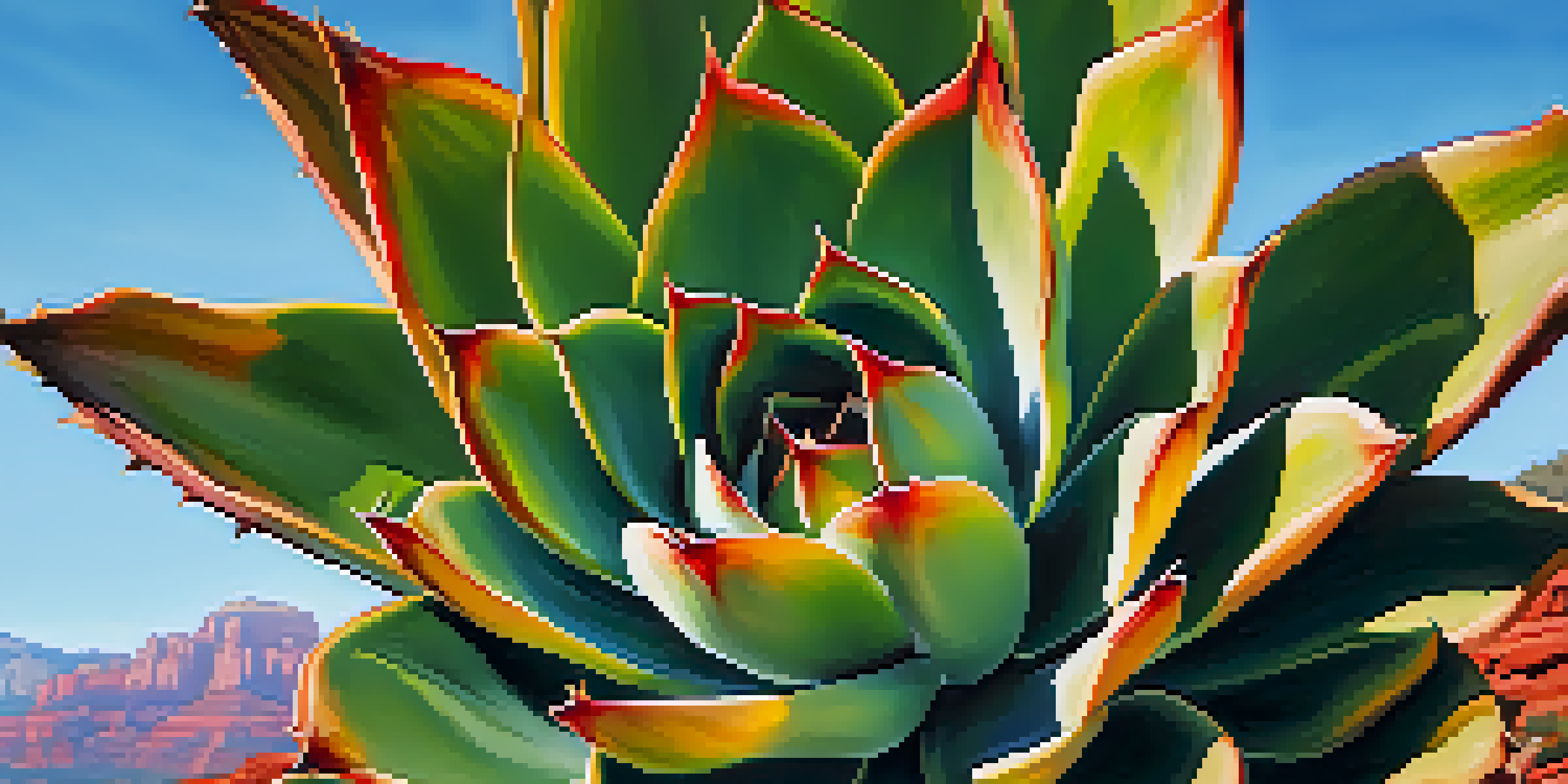 A close-up view of a green Agave succulent with spiky leaves, set against the backdrop of Sedona's red rock formations and a clear blue sky.