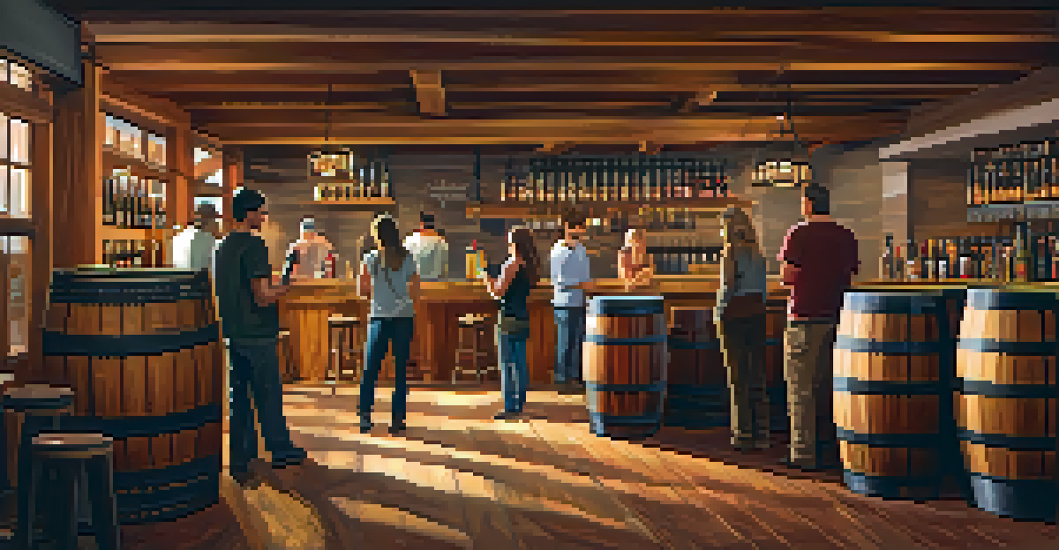 Interior of a craft brewery in Sedona with a brewer explaining the process to visitors, surrounded by wooden barrels and brewing equipment.