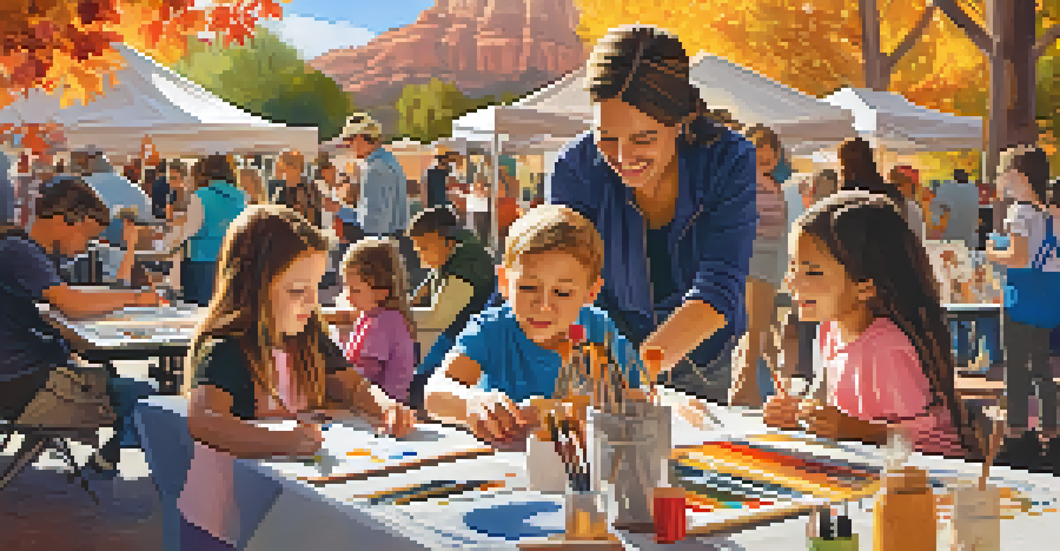 A family participating in an art workshop at the Sedona Arts Festival, with children engaged in crafting and painting.