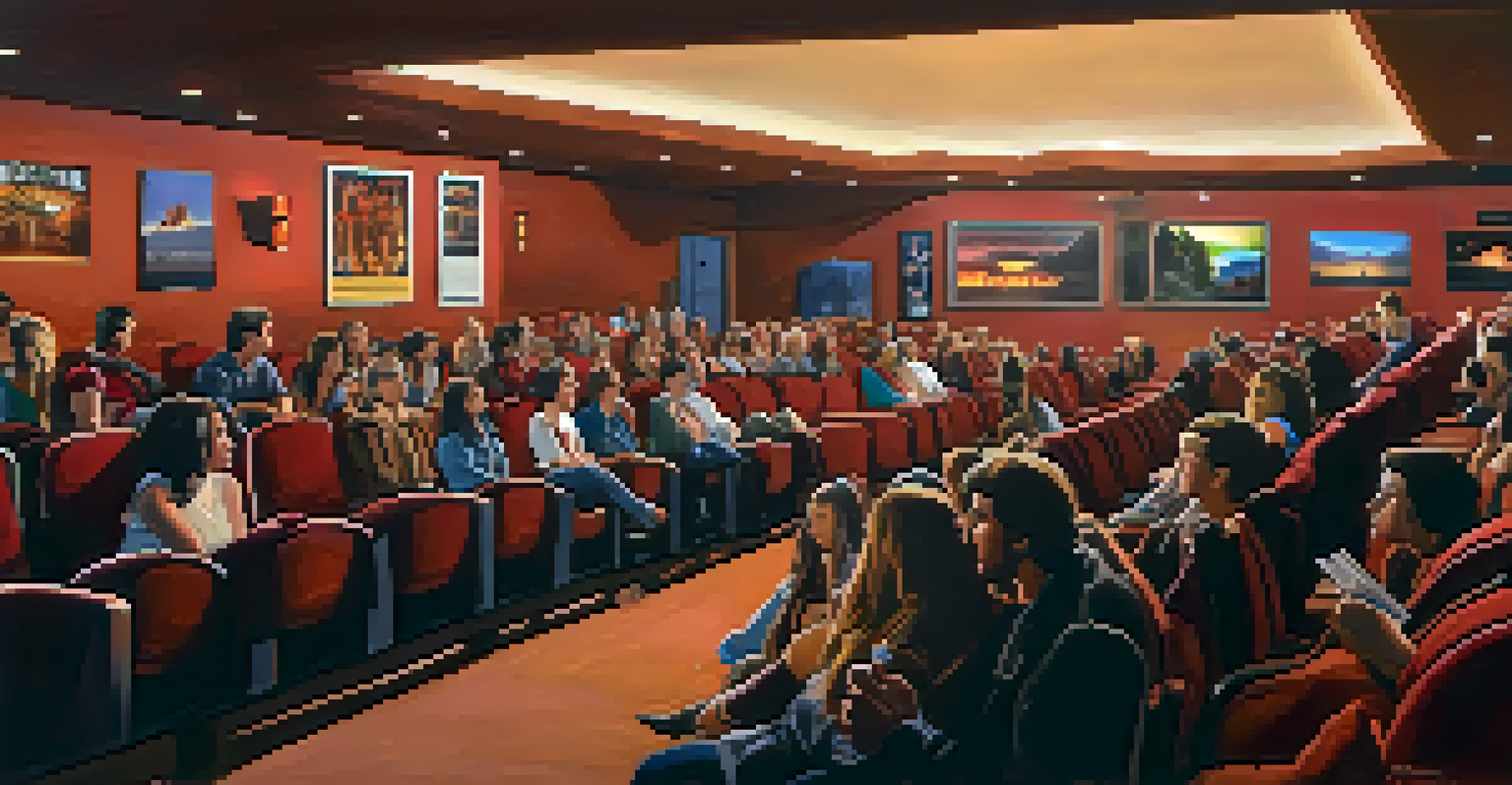 An audience watching a film in a dimly lit screening room at Sedona's film festival, with the screen illuminating their faces.