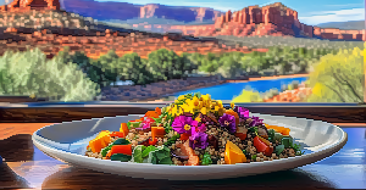 A plate of colorful vegan quinoa salad topped with roasted vegetables and edible flowers, set in a cozy café with a view of Sedona's red rocks.