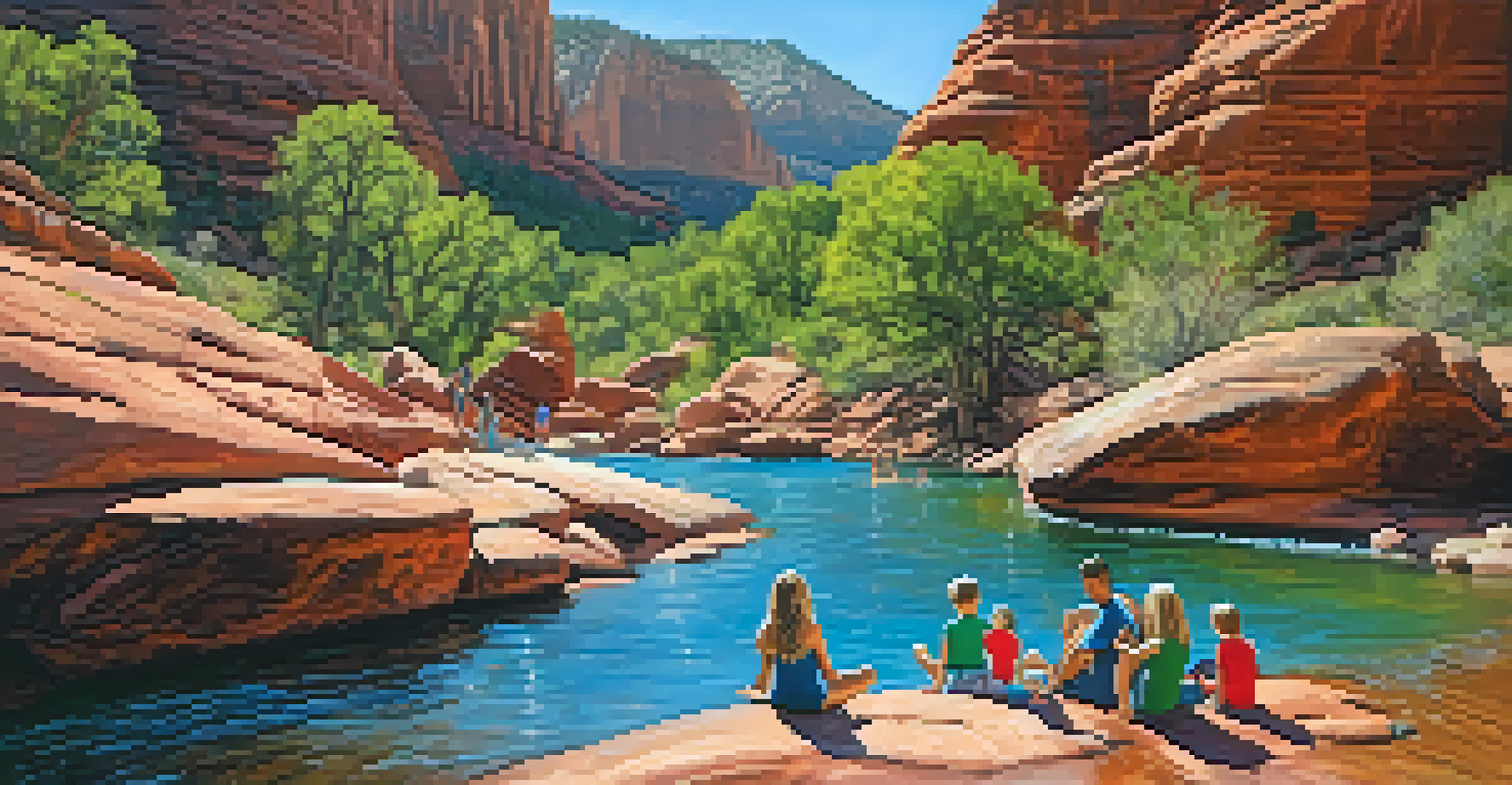 Family having fun at Slide Rock State Park, with children playing in water surrounded by red rock cliffs.