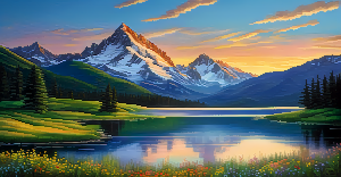 A mountain landscape at golden hour with snow-capped peaks, green meadows, and a tranquil lake reflecting the colorful sky.