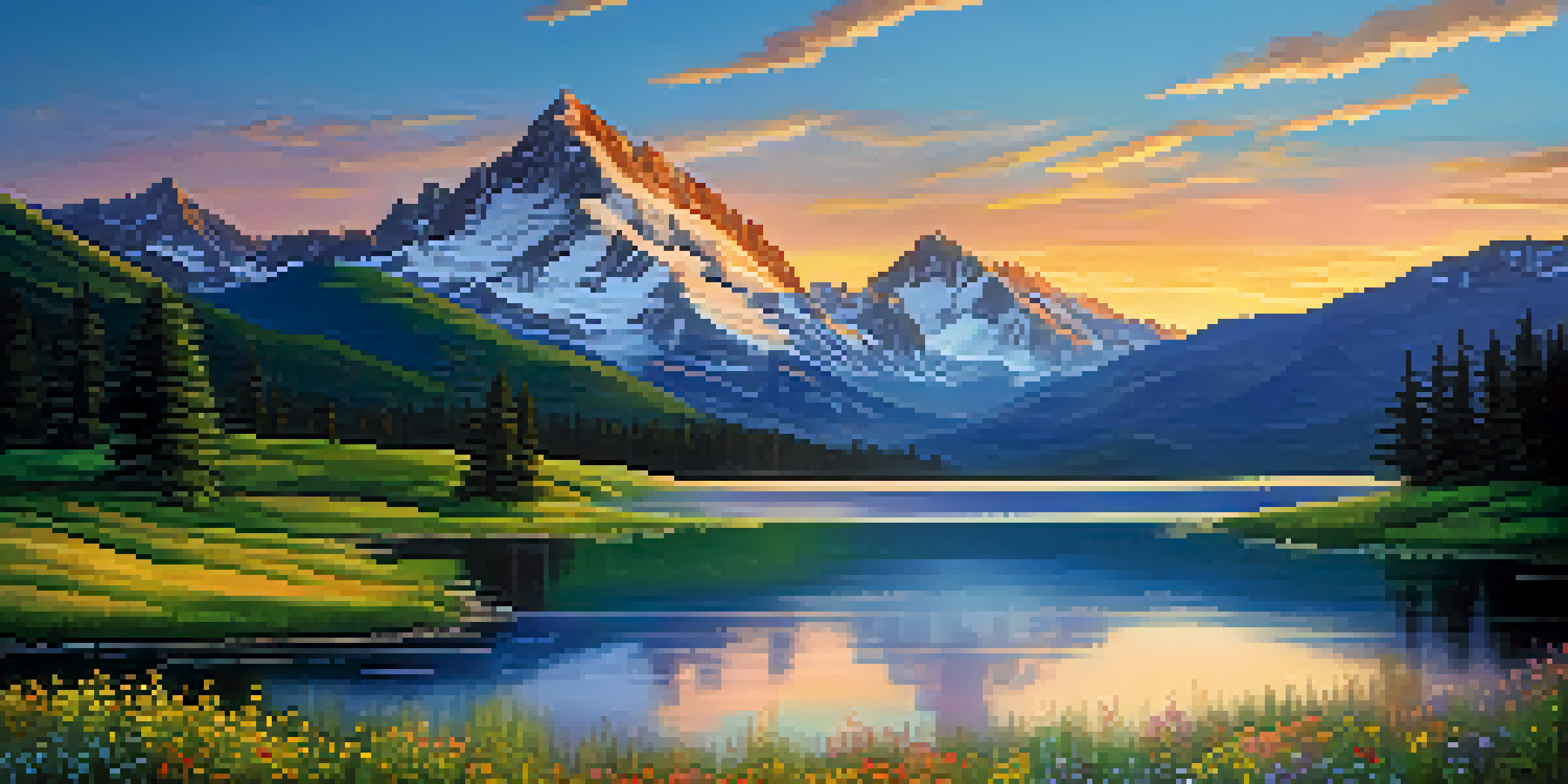 A mountain landscape at golden hour with snow-capped peaks, green meadows, and a tranquil lake reflecting the colorful sky.