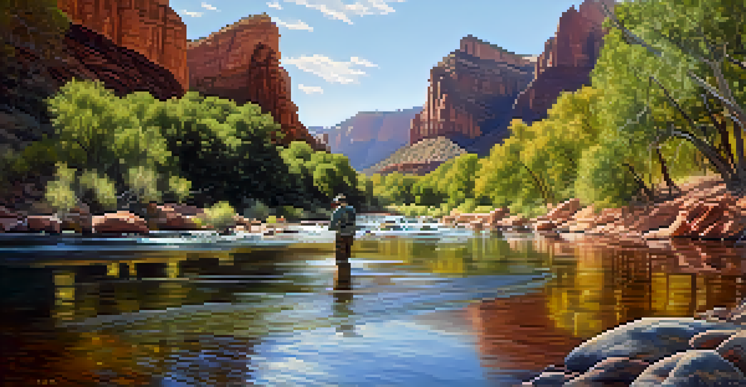 Fly-fishing at Oak Creek with red rock cliffs in the background and sunlight filtering through the trees.