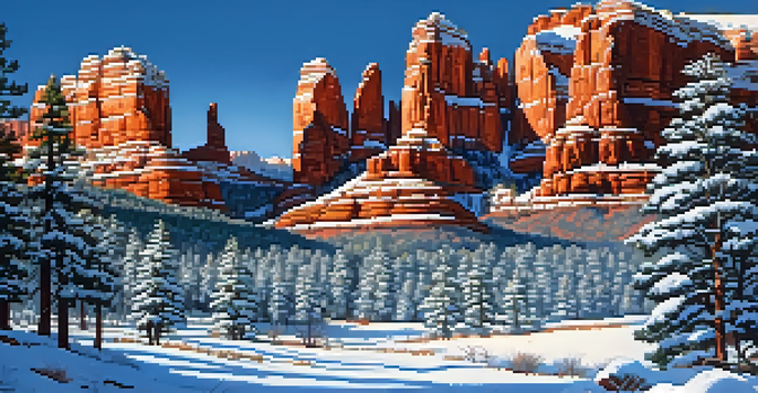 A winter scene in Sedona with red rock formations covered in snow, illuminated by golden sunlight against a blue sky.