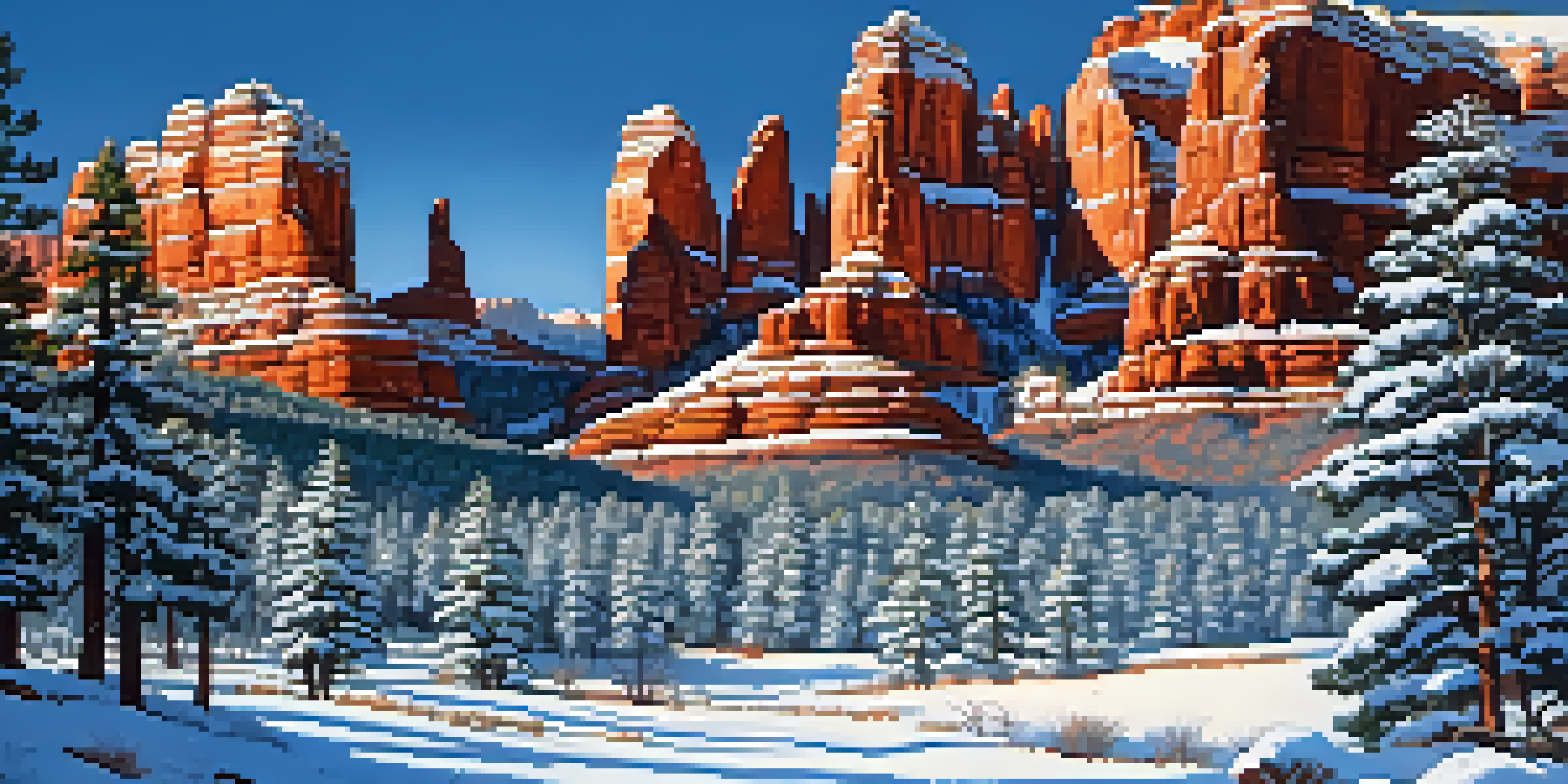 A winter scene in Sedona with red rock formations covered in snow, illuminated by golden sunlight against a blue sky.