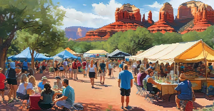 A colorful outdoor festival scene with people enjoying hiking, yoga, and mountain biking against the red rock landscape of Sedona.