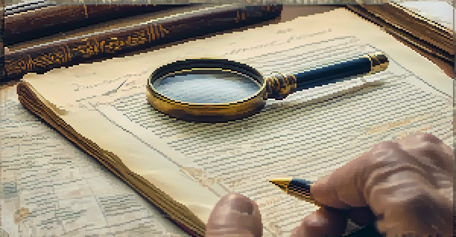 A close-up of hands examining an old family document with a magnifying glass and a notebook.
