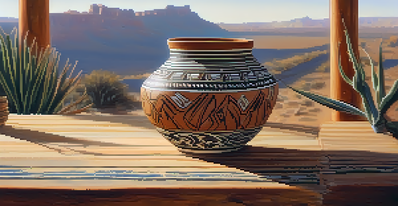 Close-up of an intricately designed Native American pottery piece on a wooden table, with soft natural light illuminating it.
