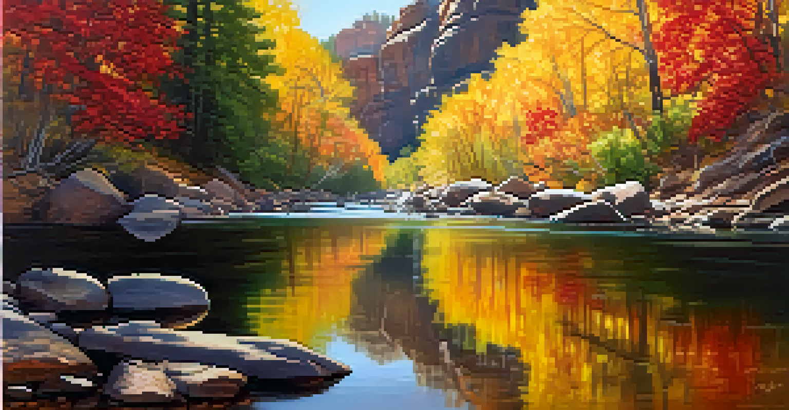 A picturesque view of Oak Creek Canyon in autumn with colorful trees and flowing water.