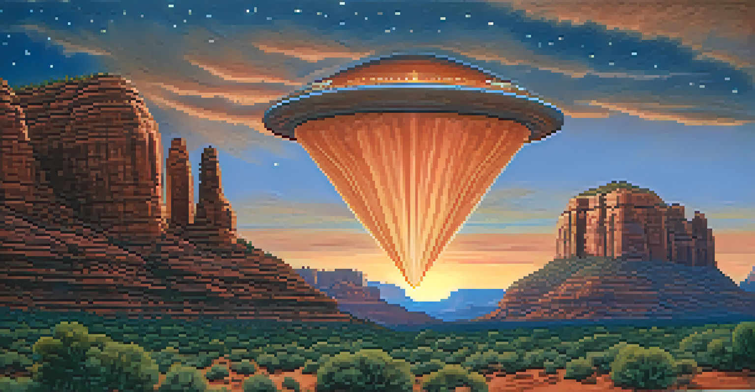 A triangular UFO gliding over Sedona's red rocks at dusk with a colorful sky.