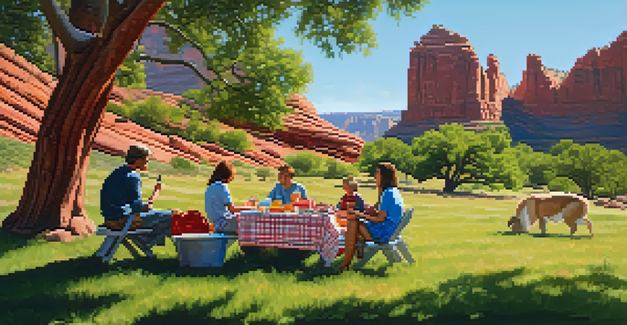 A family enjoying a picnic on a colorful blanket with red rock formations in the background, surrounded by trees and bright sunlight.