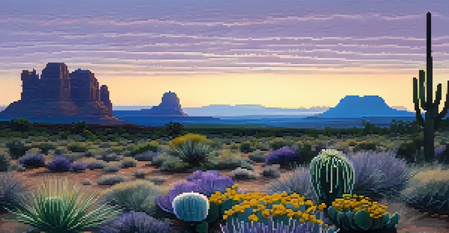 Twilight view of Airport Mesa in Sedona, with cacti in the foreground and a sky transitioning from blue to lavender.