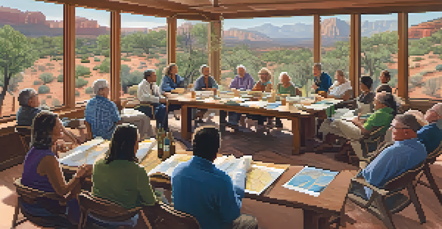 A community meeting depicting diverse residents discussing a development project, with natural light and outdoor views.