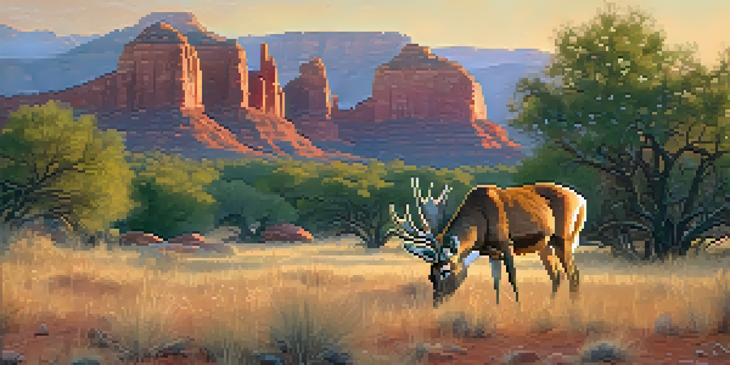 A mule deer grazing in the early morning light against the backdrop of Sedona's red rock formations.