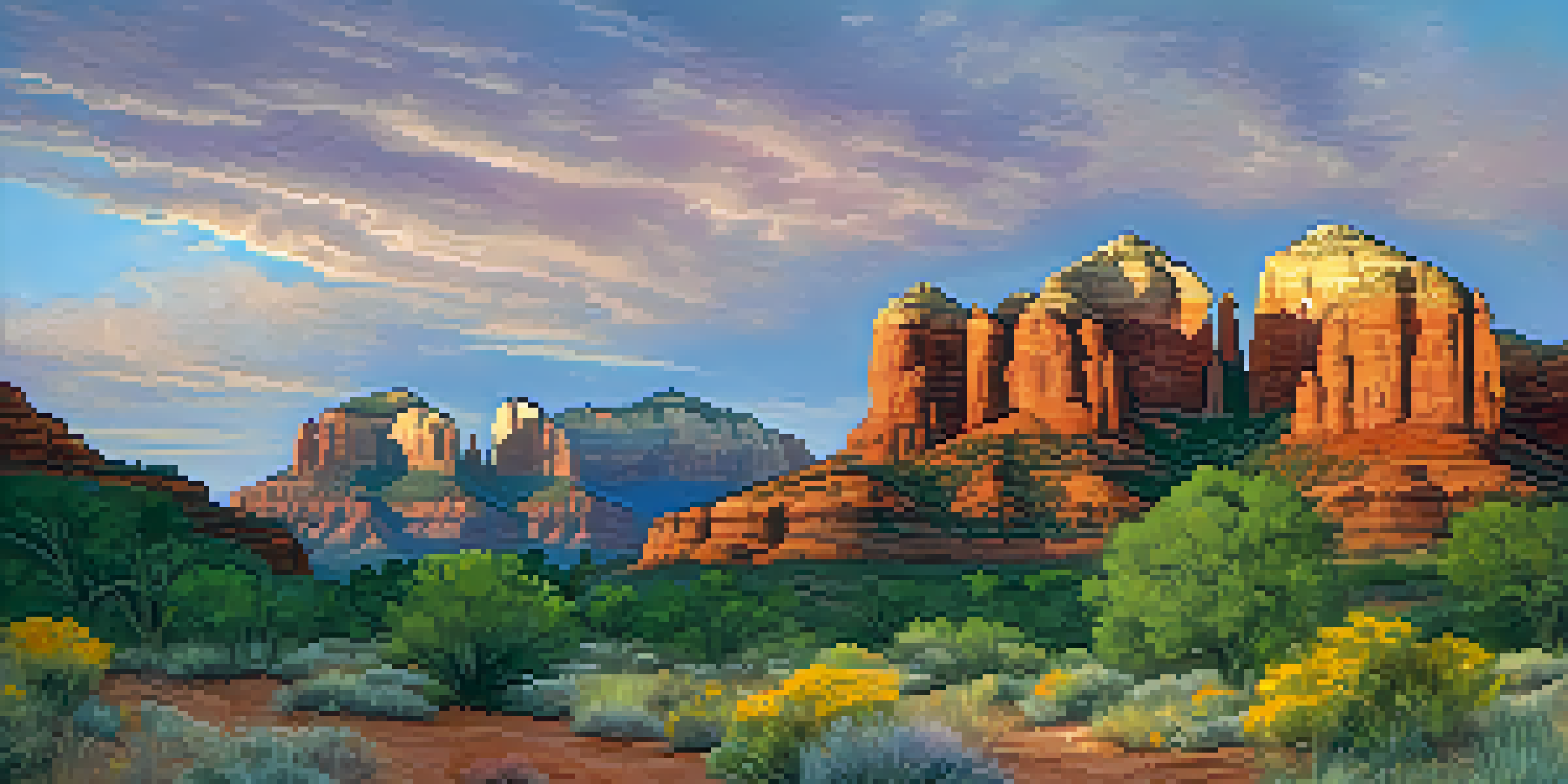 A panoramic view of Sedona's red rock formations at sunrise, showcasing vibrant colors in the sky and a peaceful hiking trail adorned with wildflowers.