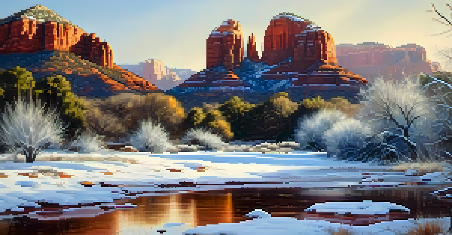 A winter scene in Sedona, featuring red rocks lightly covered in snow, illuminated by warm sunlight.