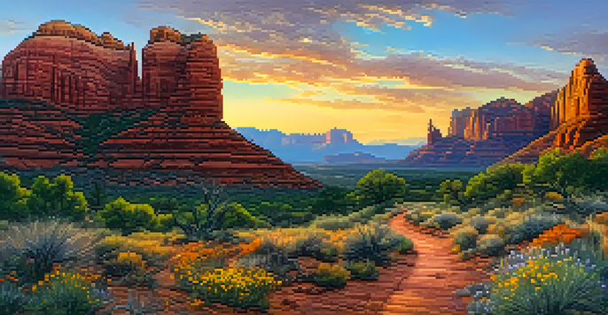 A scenic view of Sedona's red rock formations at sunset with hikers on a trail.