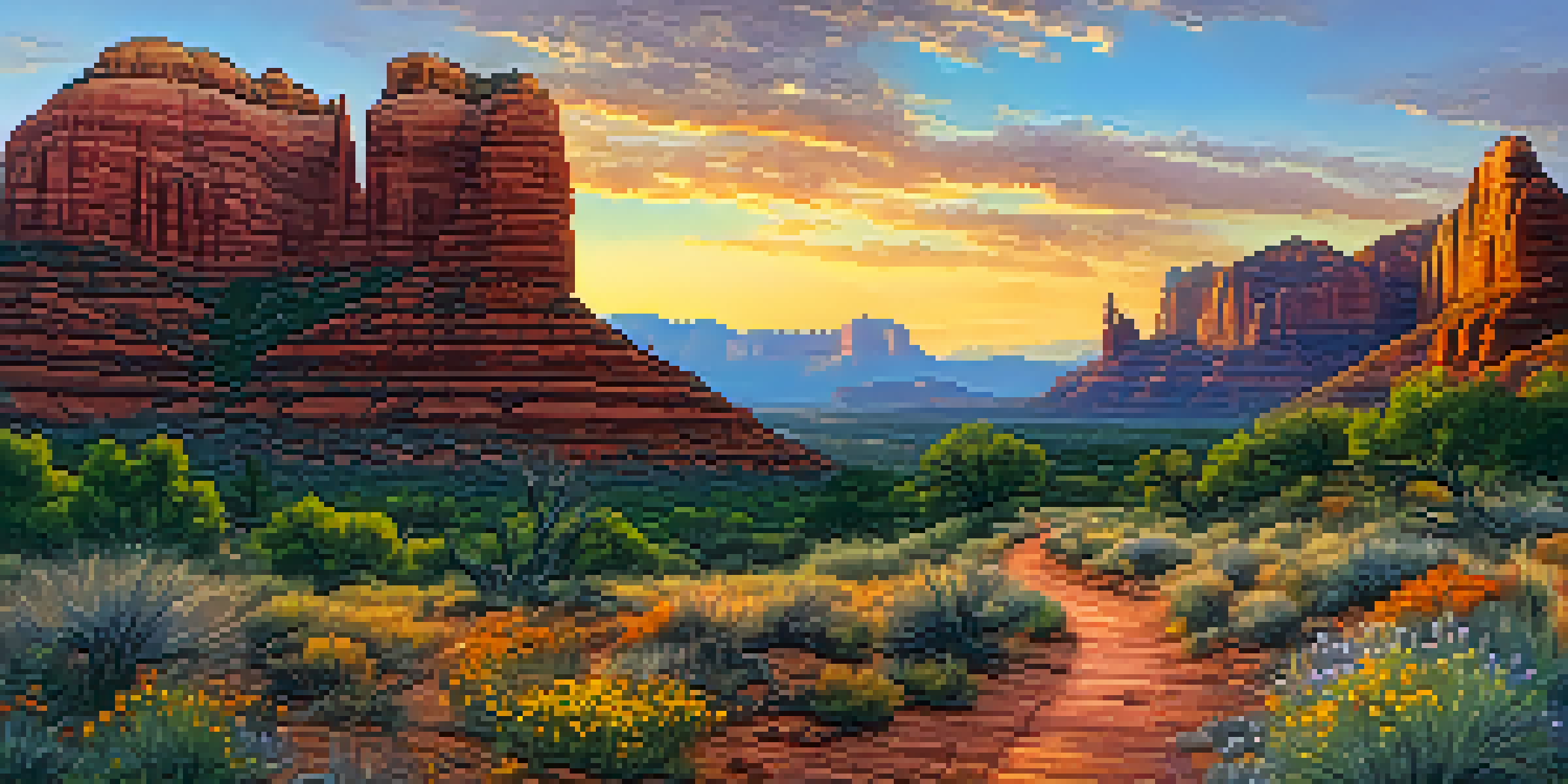 A scenic view of Sedona's red rock formations at sunset with hikers on a trail.