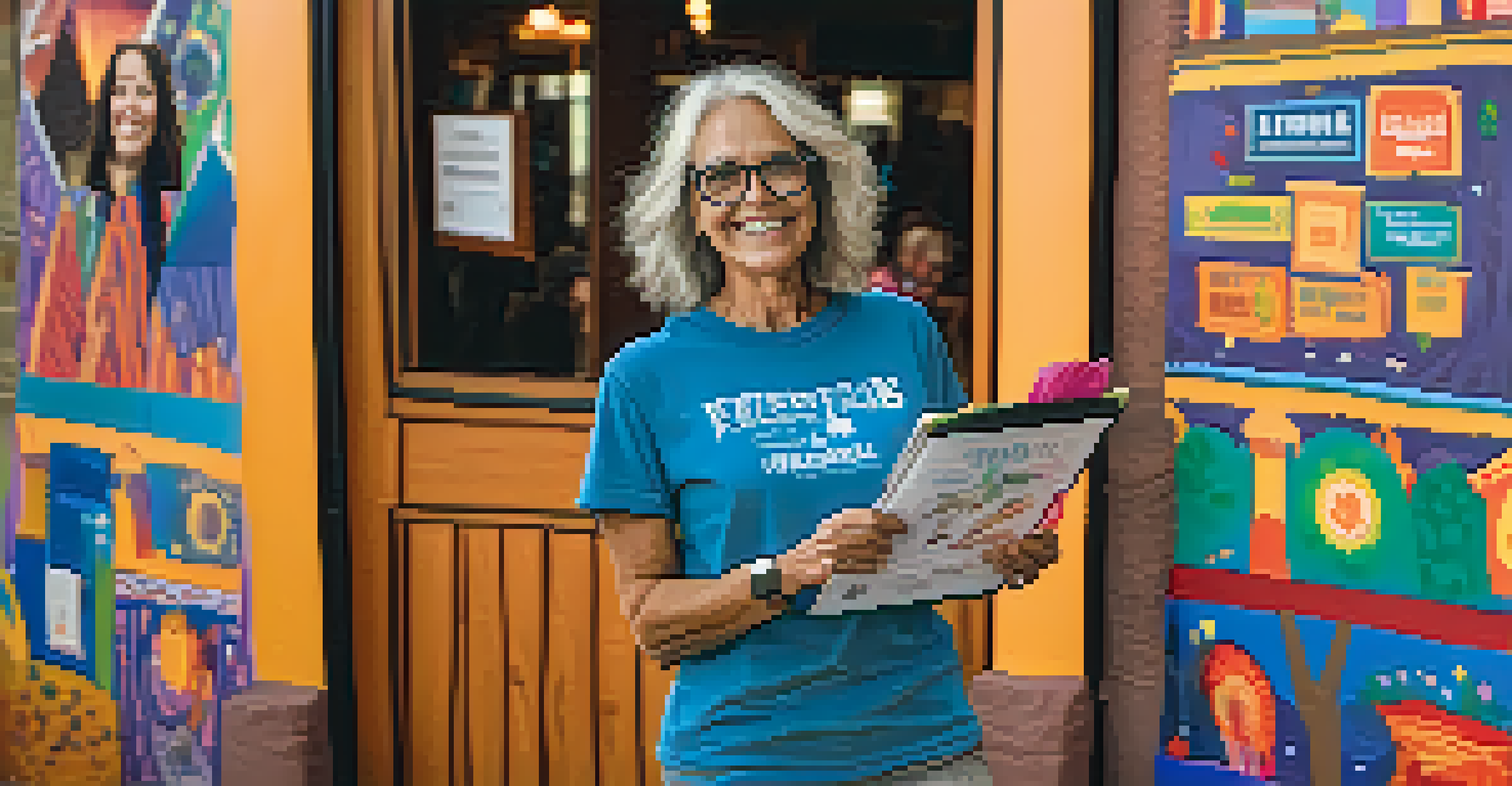 A friendly volunteer assisting guests at the entrance of Sedona's film festival, with colorful decorations in the background.