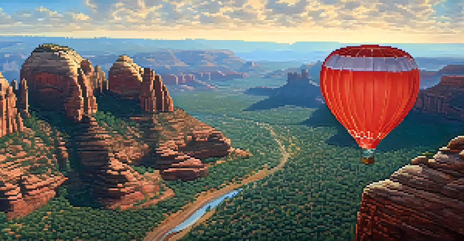 Passengers in a hot air balloon basket looking out at the stunning red rock views of Sedona from above.