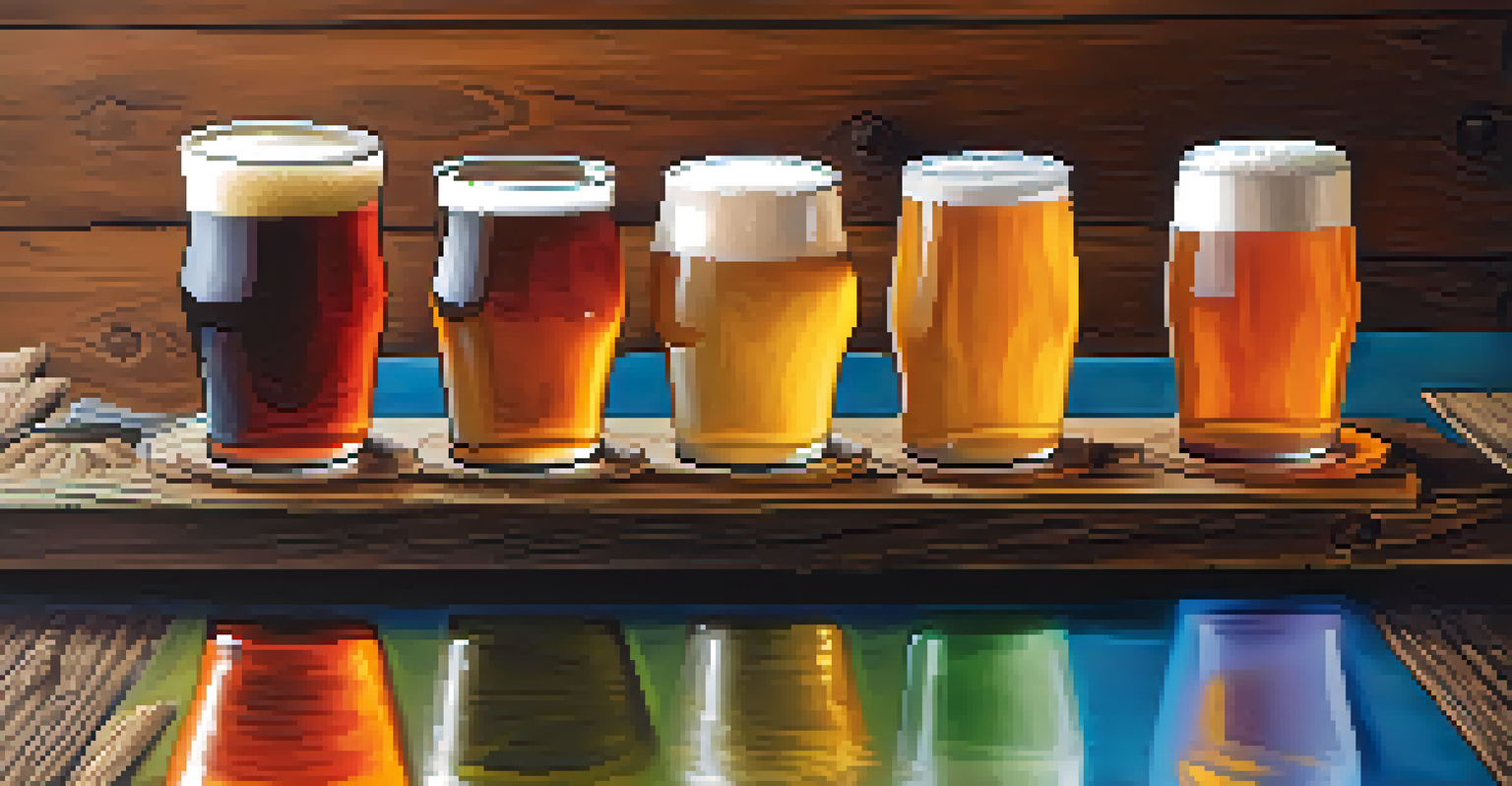 A flight of craft beers in small glasses on a wooden table, showcasing different colors and textures with brewing equipment in the background.