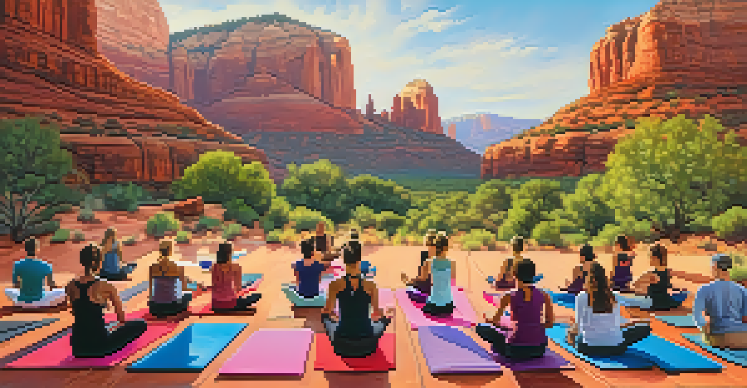 An outdoor Vinyasa Flow yoga class in Sedona, with participants gracefully moving against red rock formations.
