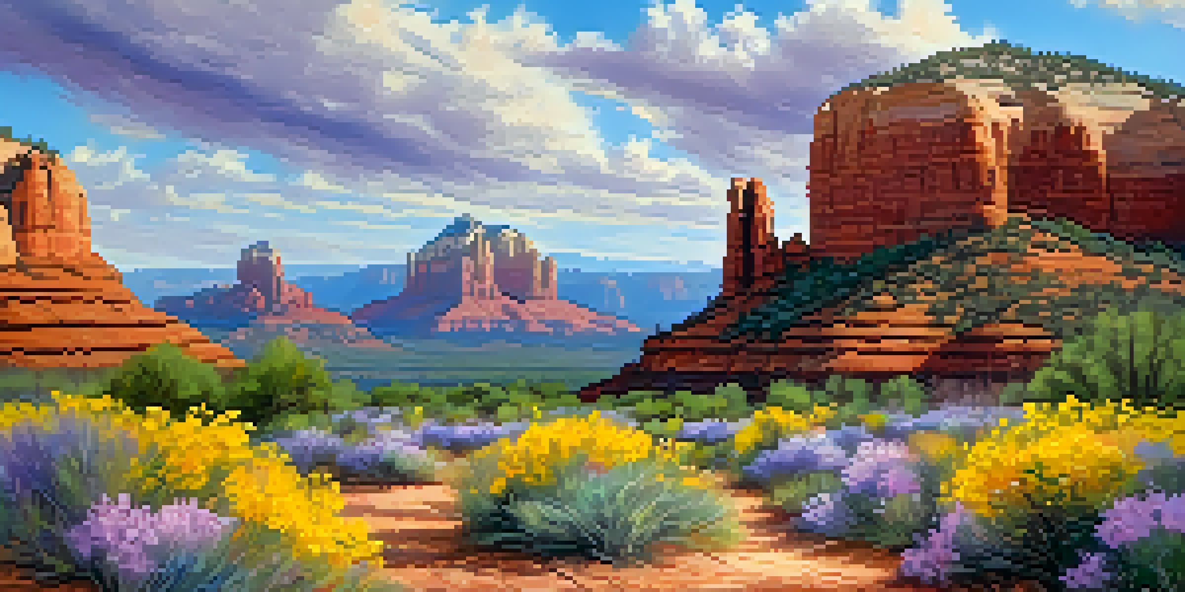 A vibrant landscape of Sedona with red rock formations and blooming wildflowers during spring, under a blue sky with clouds.