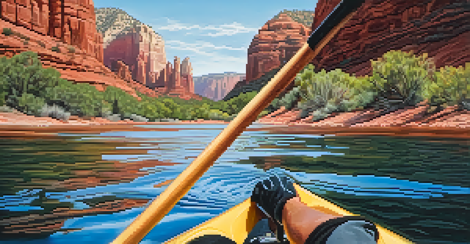 A close-up of a kayaker's hands on a paddle, with reflective water and red rocks in the background.