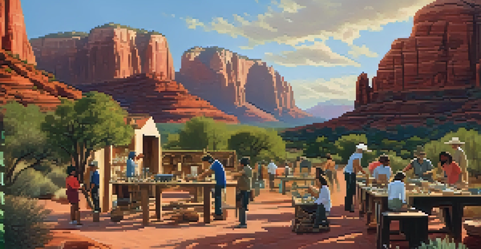 A group of people crafting outdoors in Sedona, surrounded by red rocks, using natural materials like twigs and leaves.