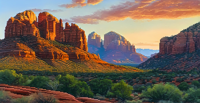 Panoramic view of Cathedral Rock at sunset, with vibrant colors in the sky and hikers silhouetted against the red rock formations.