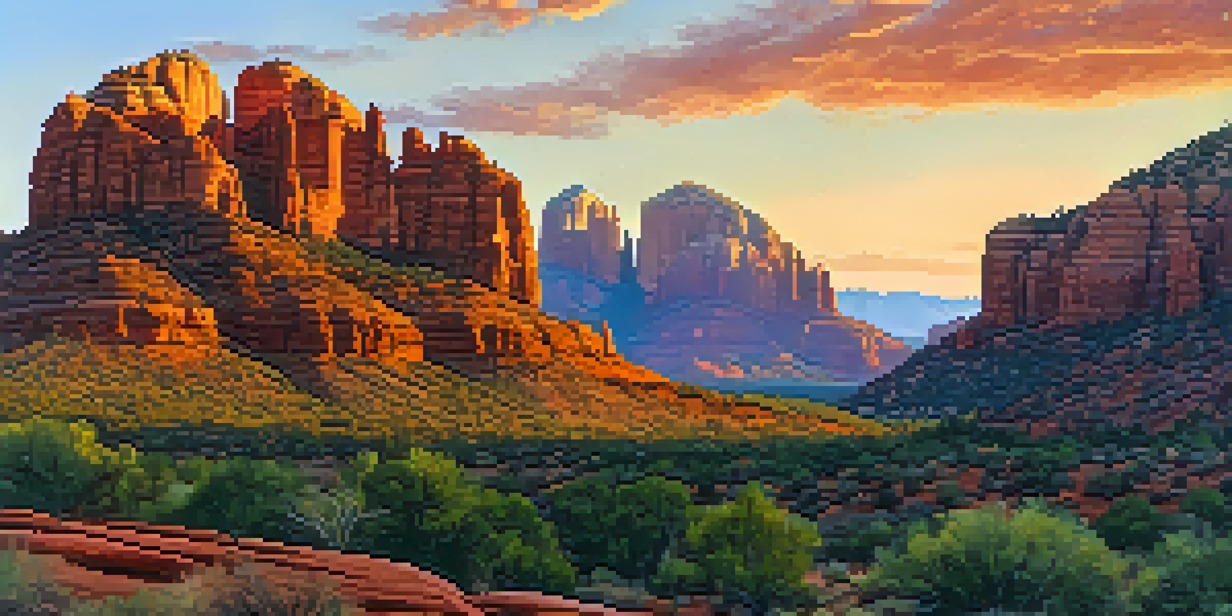 Panoramic view of Cathedral Rock at sunset, with vibrant colors in the sky and hikers silhouetted against the red rock formations.