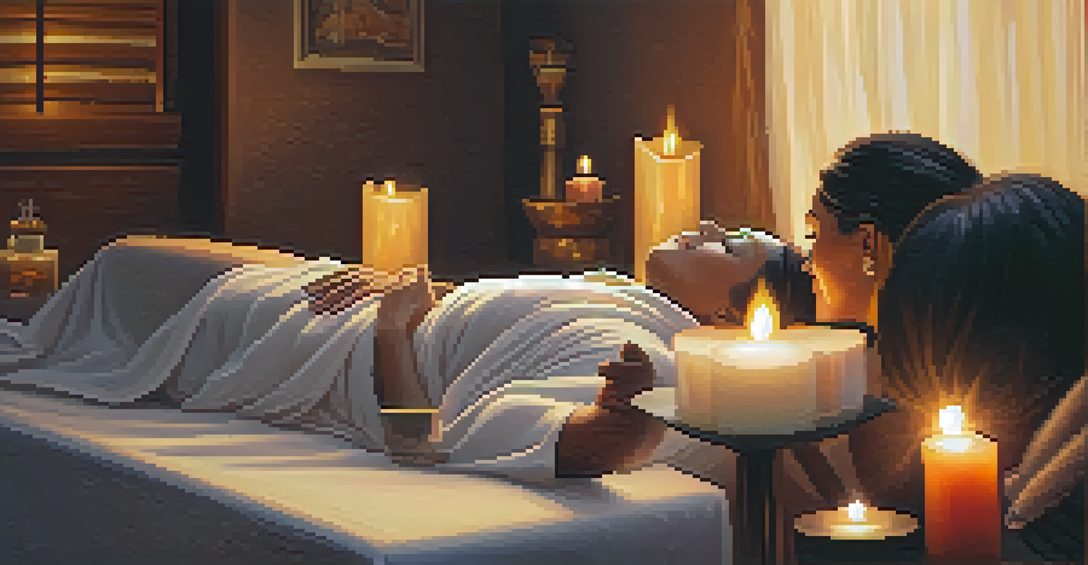 A tranquil energy healing session with a practitioner and client in a cozy retreat, surrounded by candles and crystals.