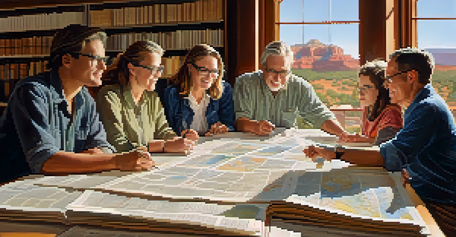 Researchers and a librarian at Sedona Public Library, surrounded by maps and newspapers, with sunlight streaming through windows.