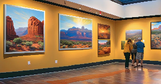 A colorful art gallery in Sedona with wide aisles and accessible ramps, featuring diverse visitors engaging with art under natural light.