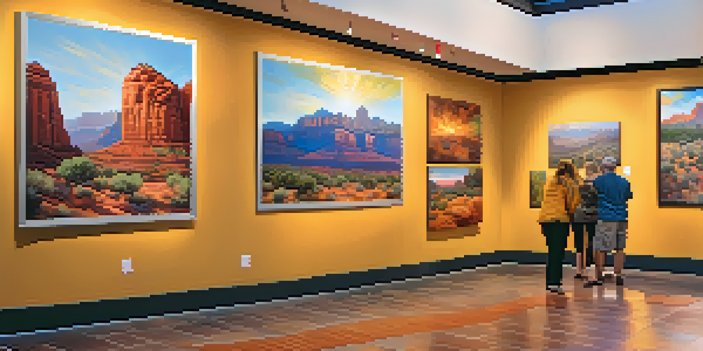 A colorful art gallery in Sedona with wide aisles and accessible ramps, featuring diverse visitors engaging with art under natural light.