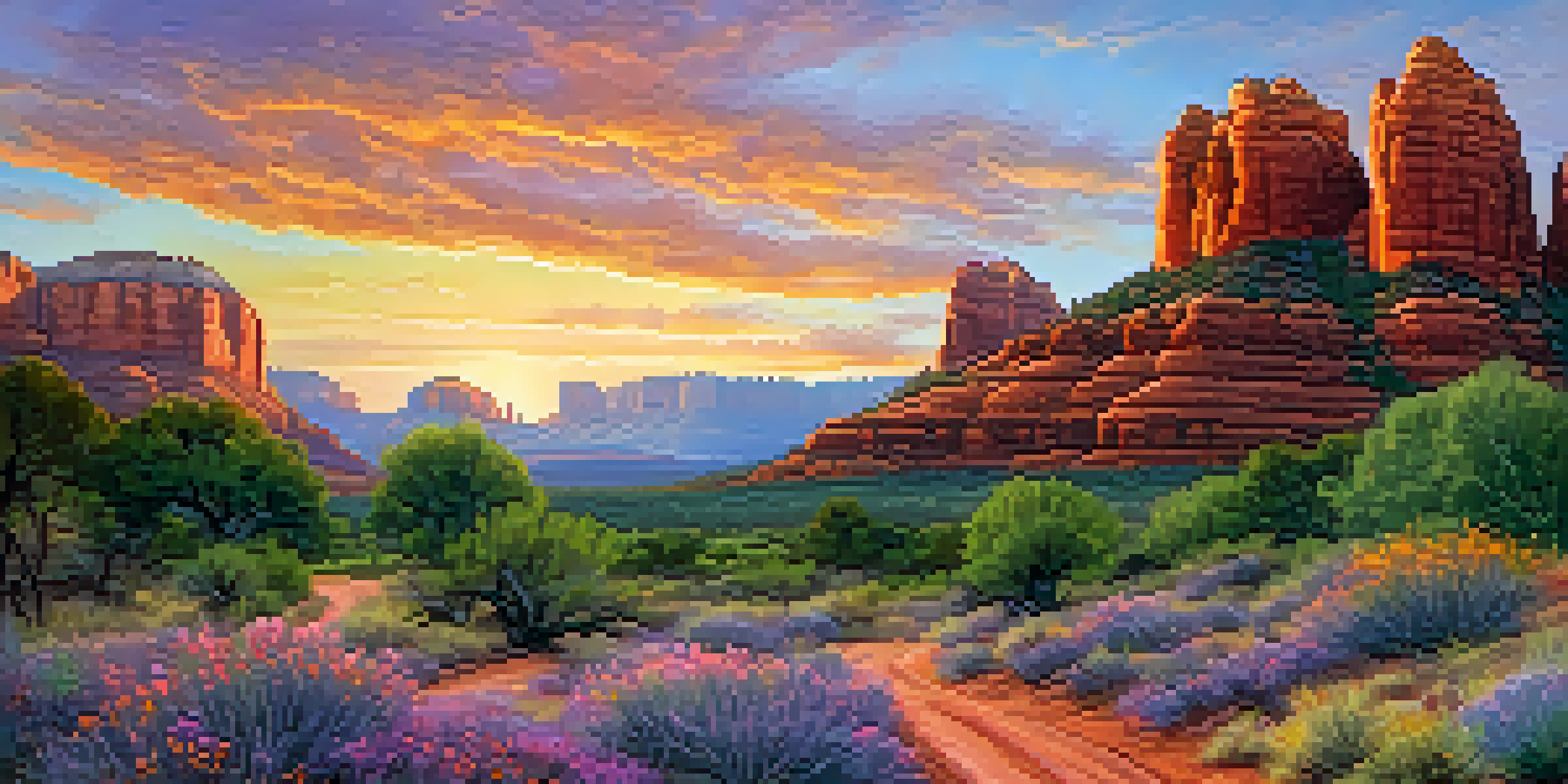 A scenic sunset view of Sedona's red rock formations with a hiking trail and wildflowers in the foreground.