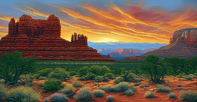 A panoramic view of Sedona's red rock formations at sunset, with colorful sky reflections on the rocks and a desert landscape in the foreground.