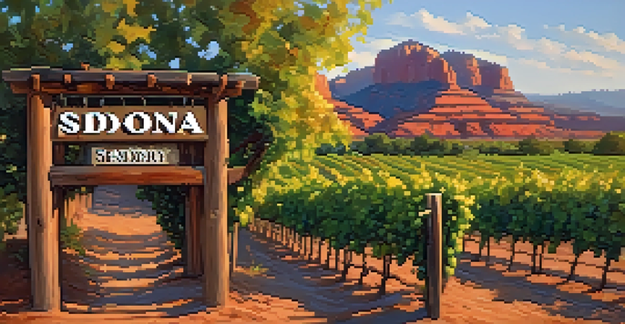 A beautiful vineyard in Sedona with red rock formations and a wooden sign.