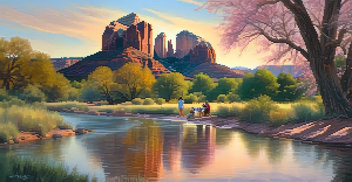 A family having a picnic by Oak Creek with Cathedral Rock in the background at sunset.