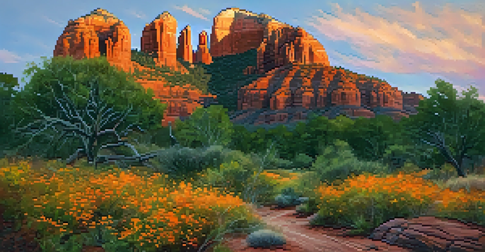 A stunning sunrise casts orange and pink hues over Cathedral Rock, surrounded by wildflowers and pines, inviting hikers along a rocky trail.