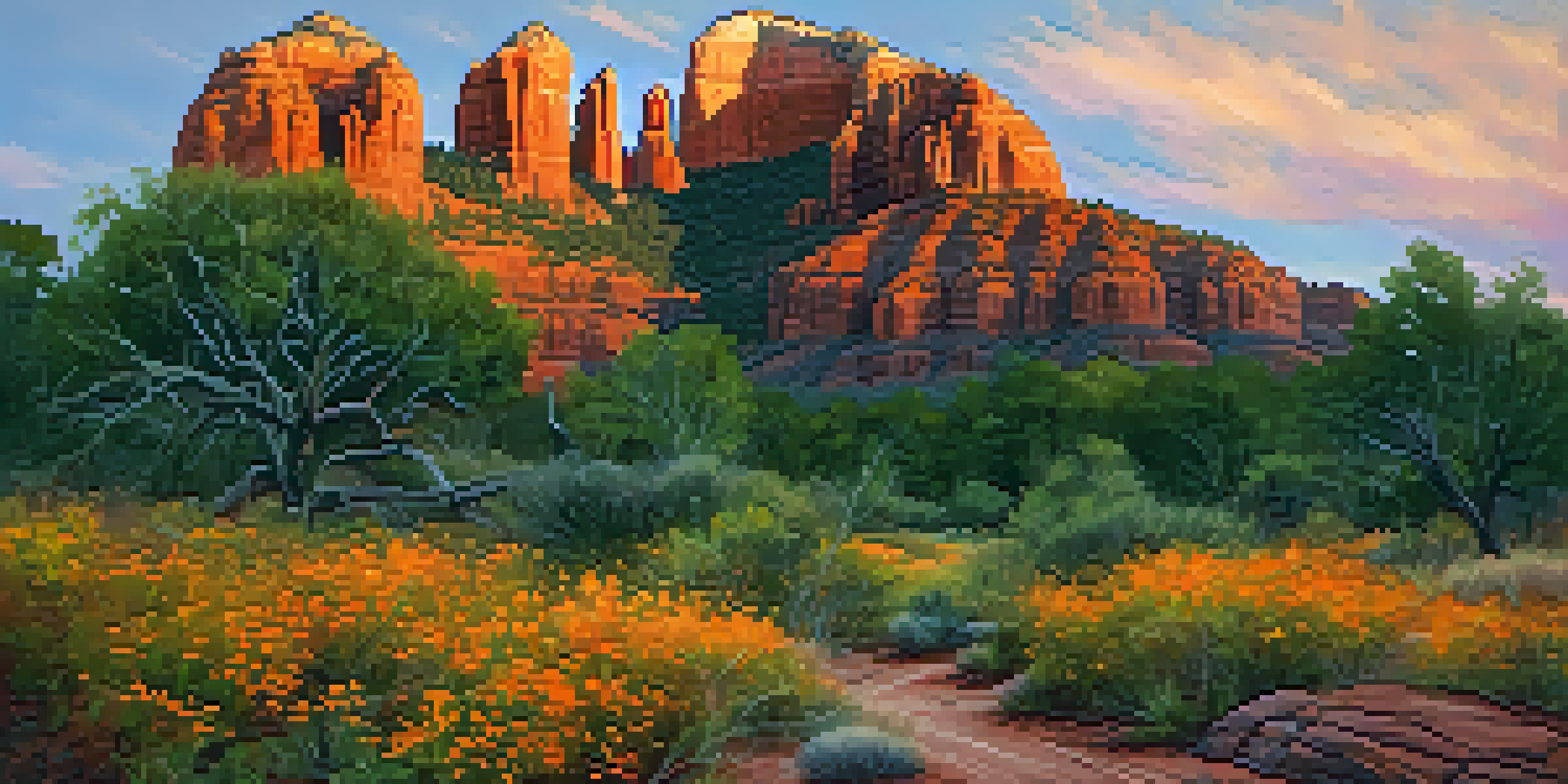 A stunning sunrise casts orange and pink hues over Cathedral Rock, surrounded by wildflowers and pines, inviting hikers along a rocky trail.