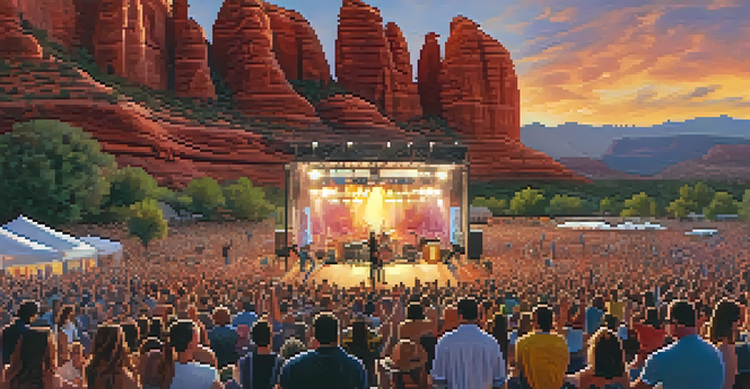 A lively outdoor music festival in Sedona with a band performing in front of red rock formations during sunset.