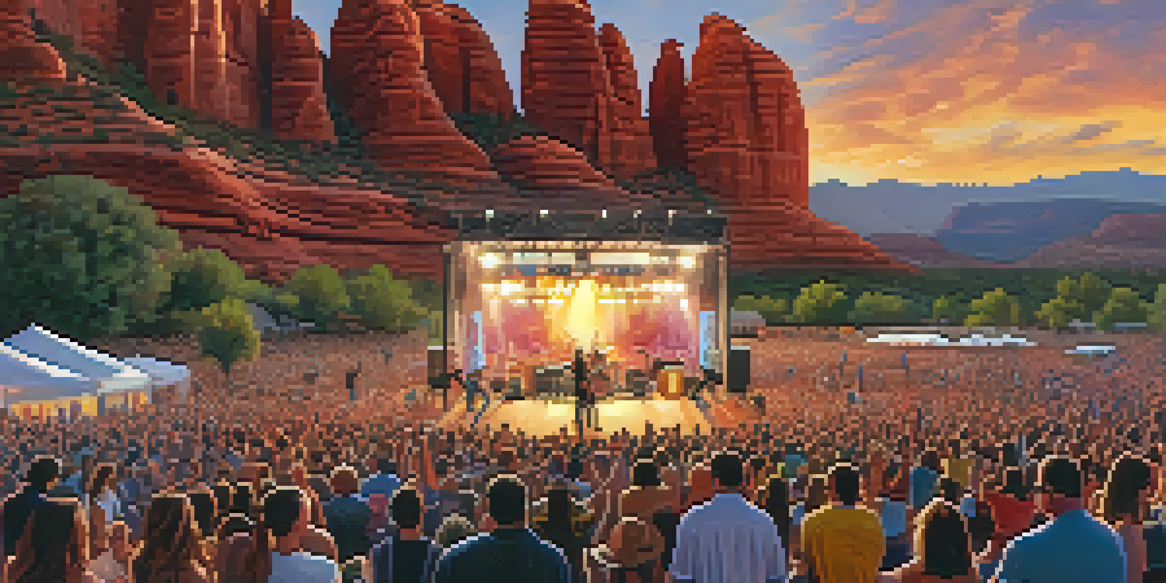A lively outdoor music festival in Sedona with a band performing in front of red rock formations during sunset.