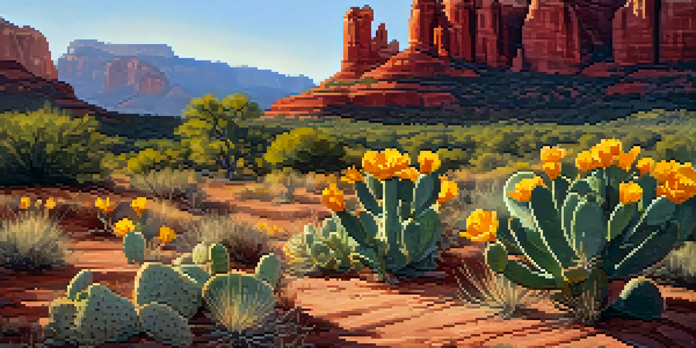 A colorful Sedona landscape showcasing red rock formations with prickly pear cacti and yellow Desert Marigolds in the foreground, illuminated by golden sunlight.