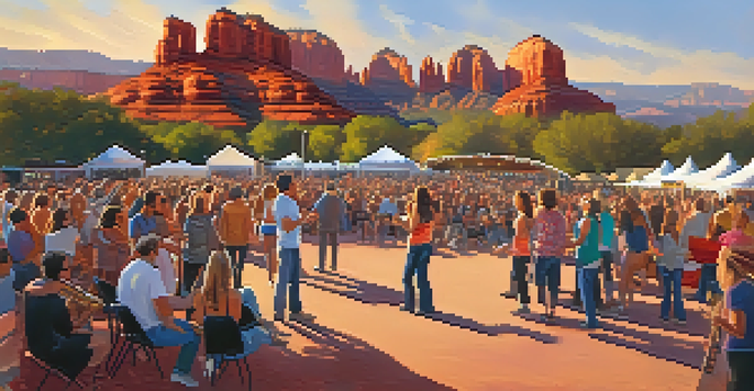 A lively outdoor music festival in Sedona with red rock formations at sunset, featuring a crowd enjoying live music.