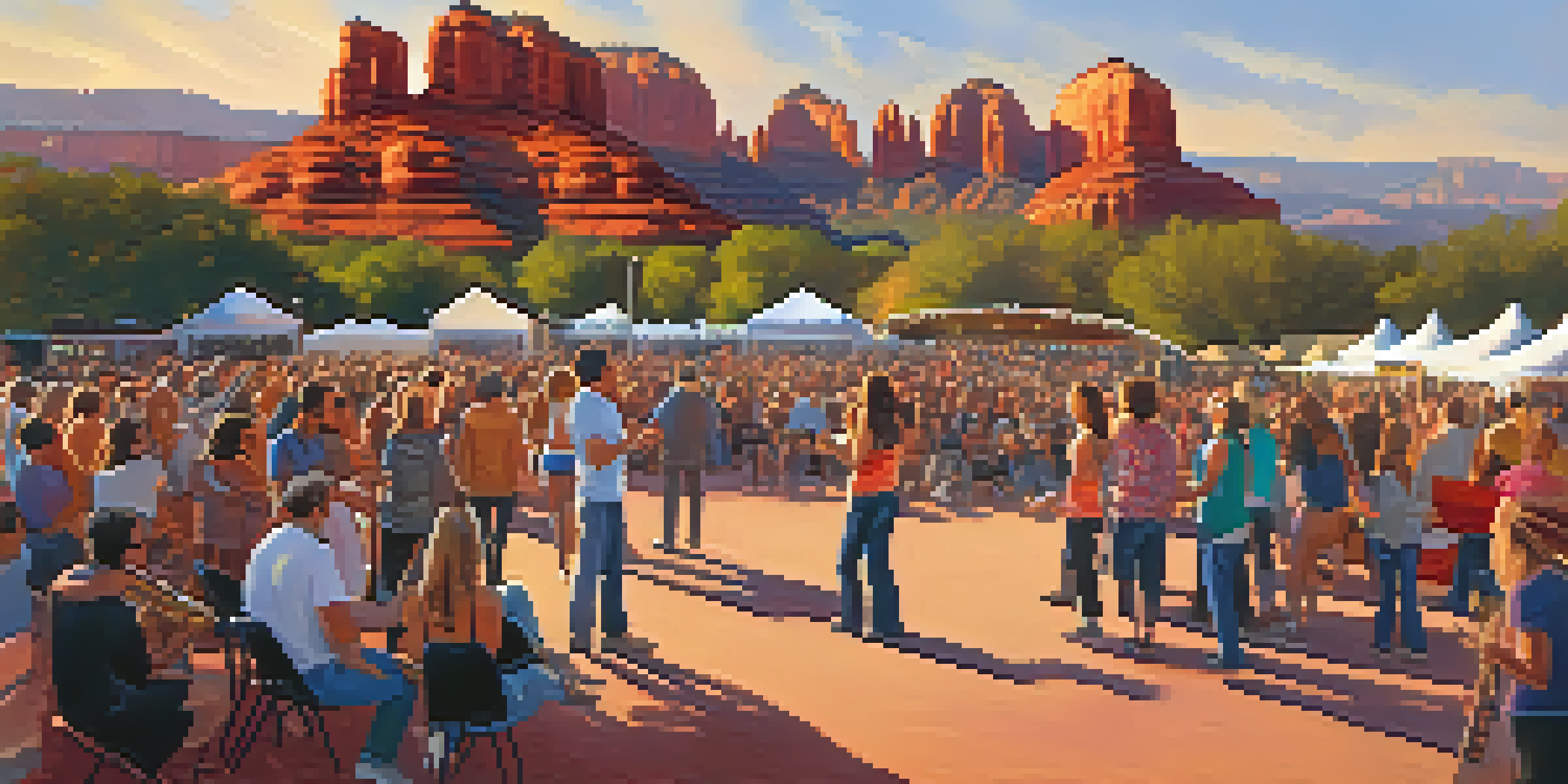 A lively outdoor music festival in Sedona with red rock formations at sunset, featuring a crowd enjoying live music.