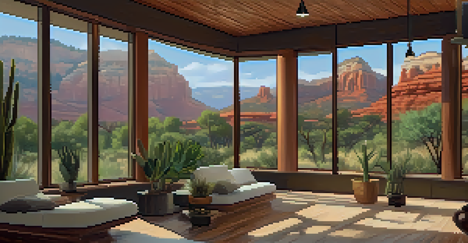 A wellness center in Sedona with wooden decor and large windows showcasing red rocks, where a healer is conducting a session.