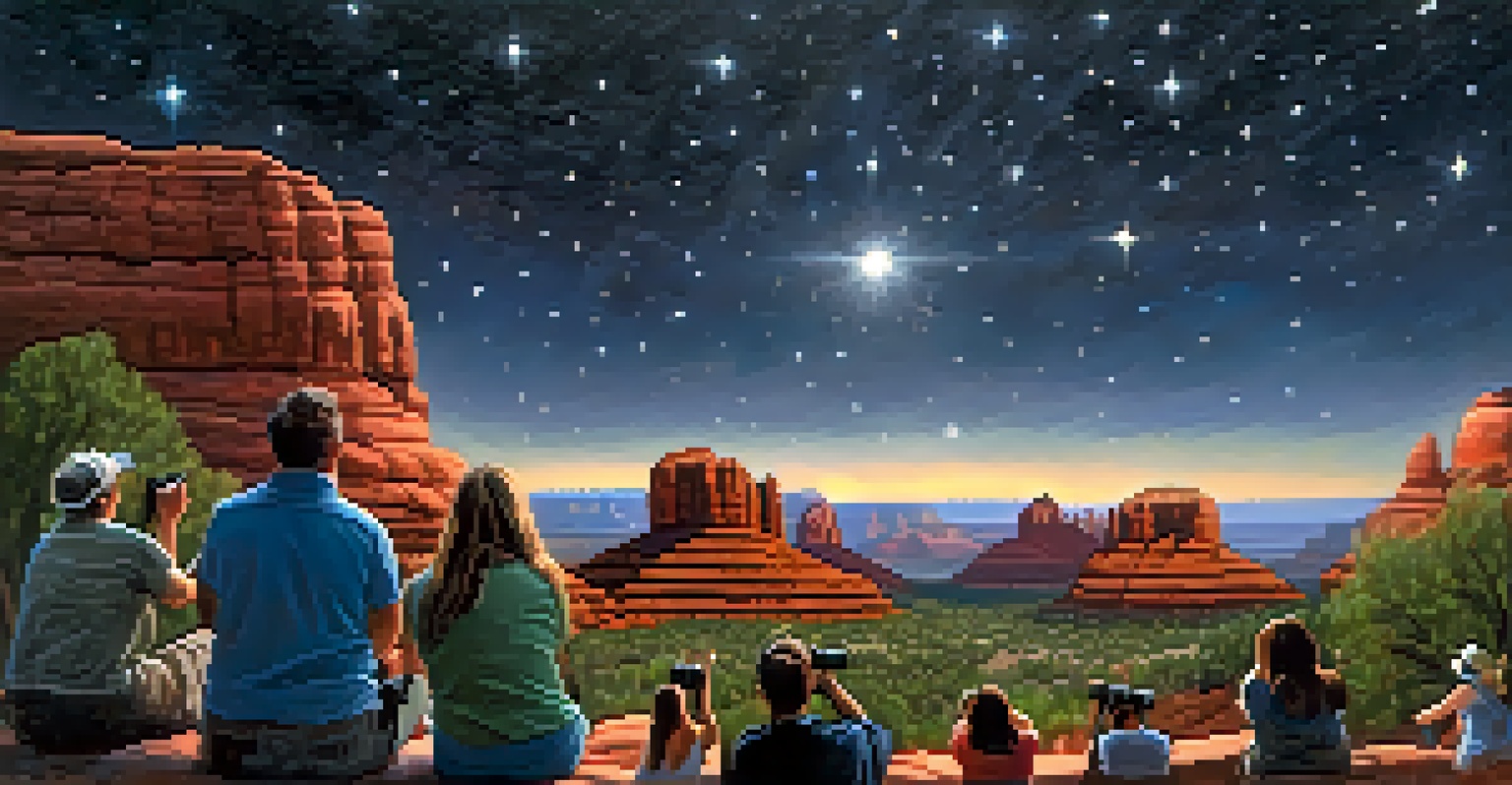 A night scene with tourists observing a bright orb in the sky over Sedona's red rocks.
